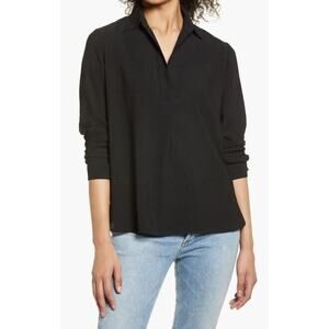 Nordstrom Womens Long Sleeve Split V-Neck Popover Blouse in Black Small MSRP $69